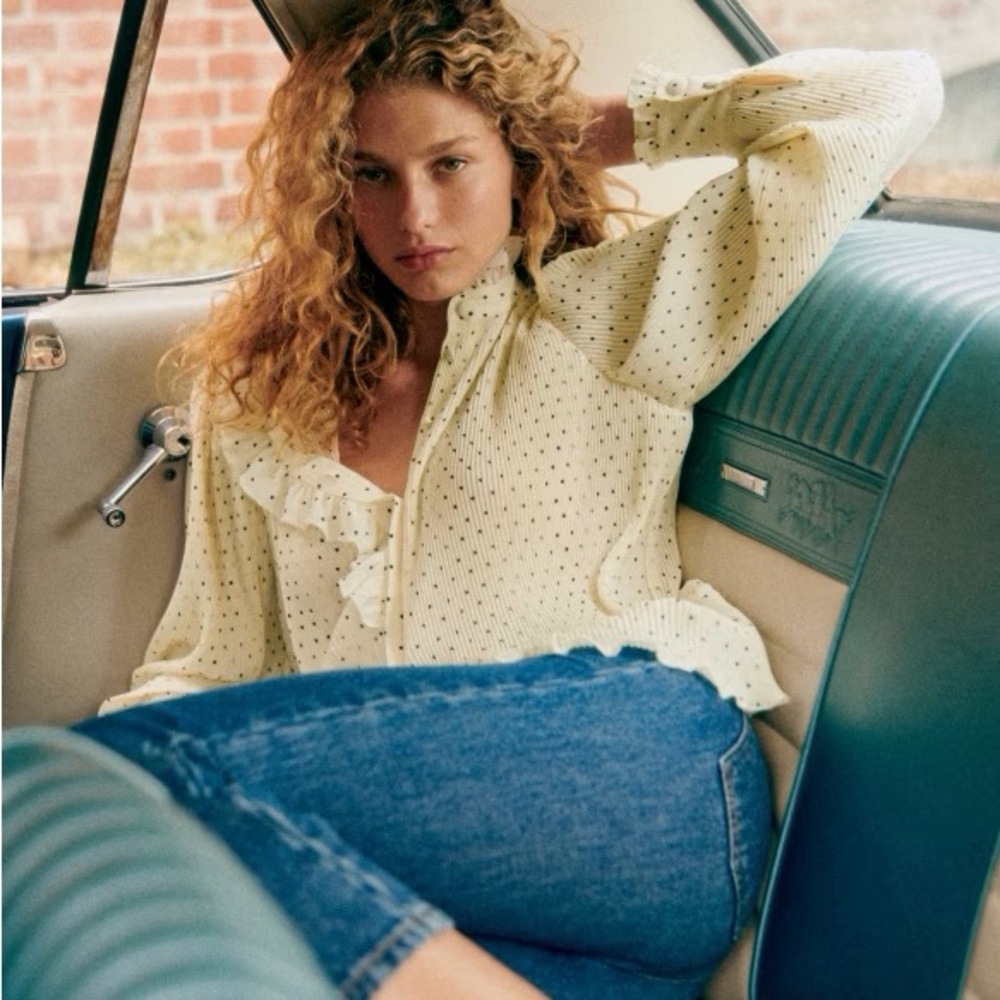 NWT Sezane coline pleated polka dot blouse